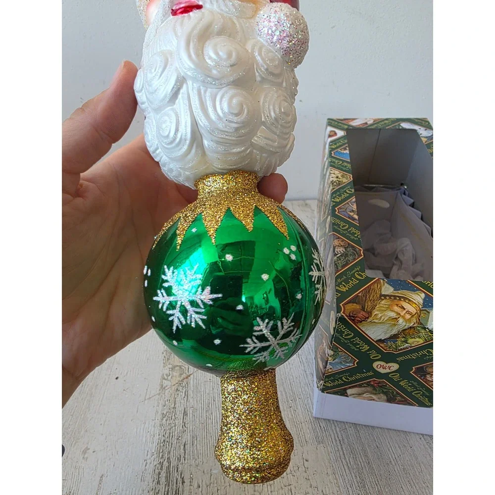 OWC Old world 2005 Santa glitter tree topper ball green gold Xmas tree